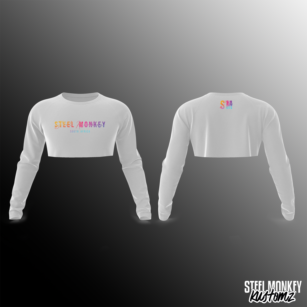 Unisex Long Sleeve - Crop - White - Cursive Rainbow – Steel