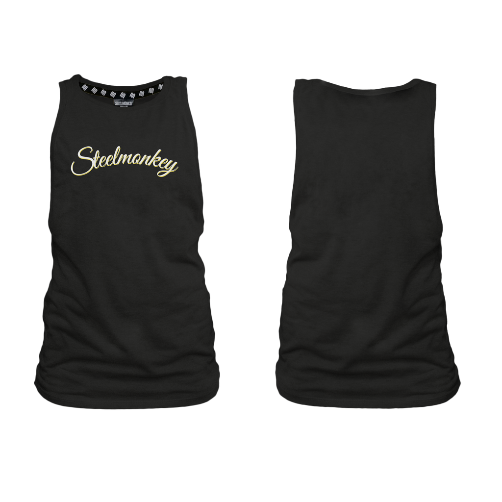 Ladies Muscle Tank - Black - Cursive - Yellow