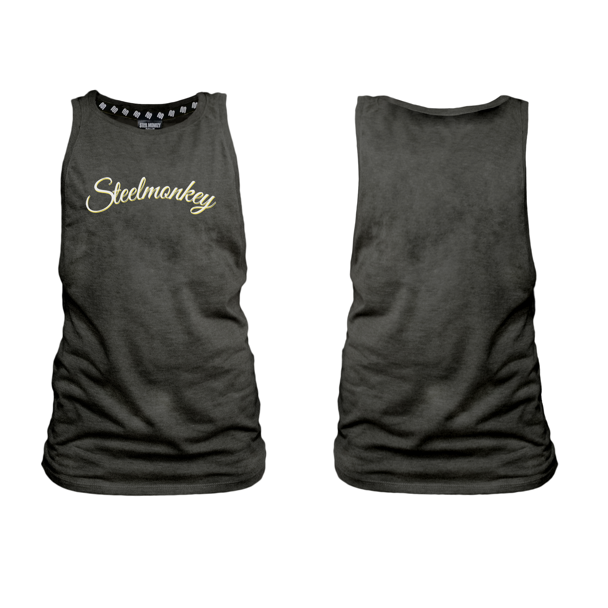 Ladies Muscle Tank - Charcoal - Cursive - Yellow