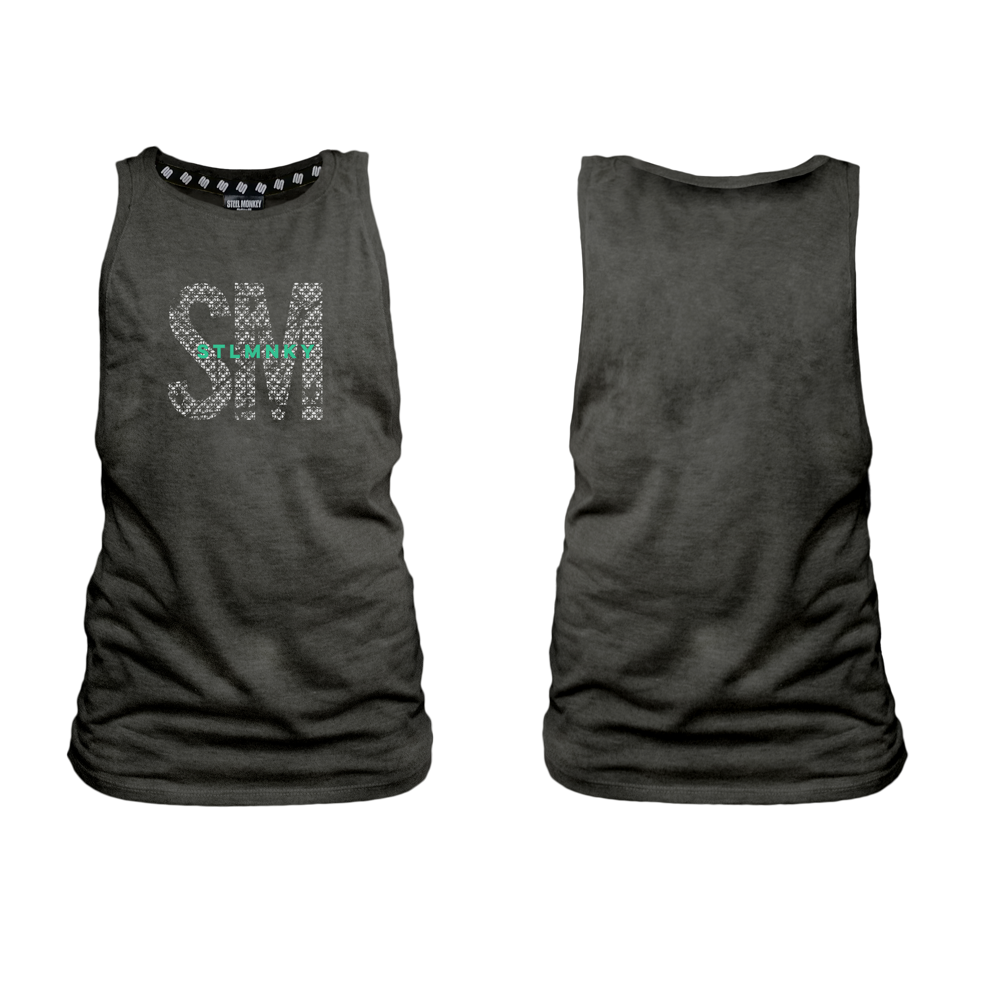 Ladies - Muscle Tank - Charcoal - Big SM - Green Logo