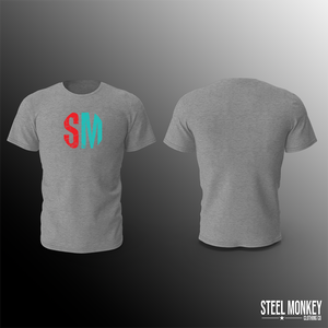 Mens T-Shirt - Grey - Turquoise & Red - SM Grunge