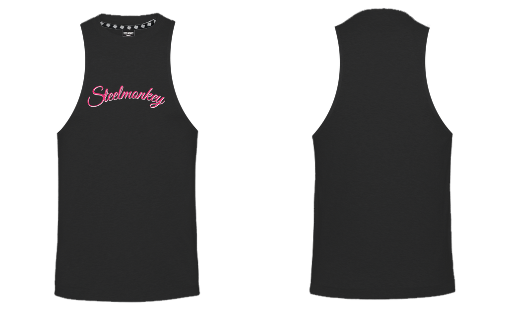 Ladies Muscle Tank - Black - Cursive - Pink