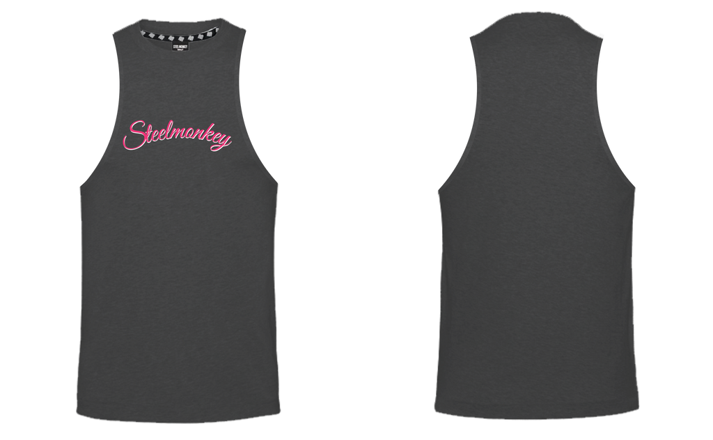 Ladies Muscle Tank - Charcoal - Cursive - Pink