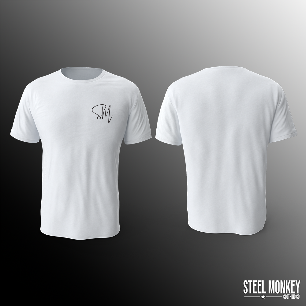 SM - Cursive - White - T-Shirt - Pocket - Black