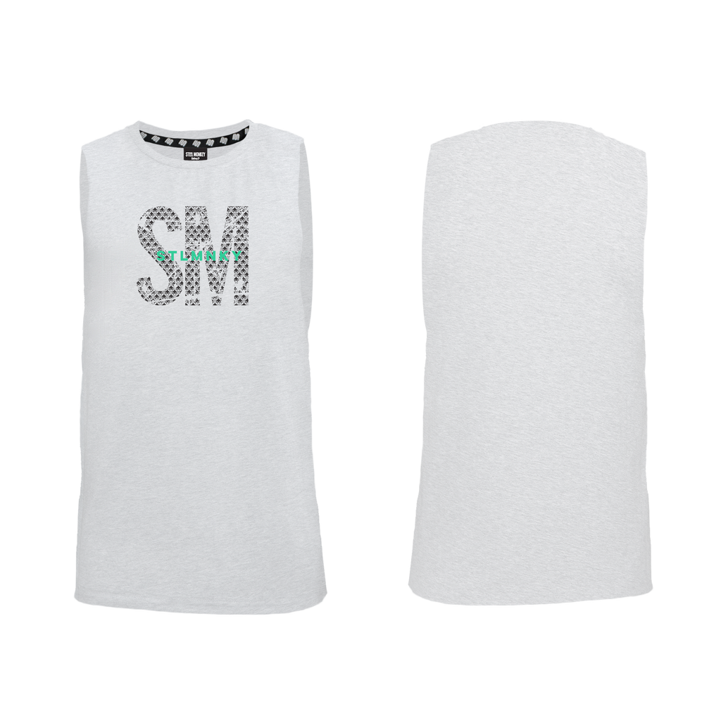 Mens Muscle Tank - White -  Big SM - Green Logo